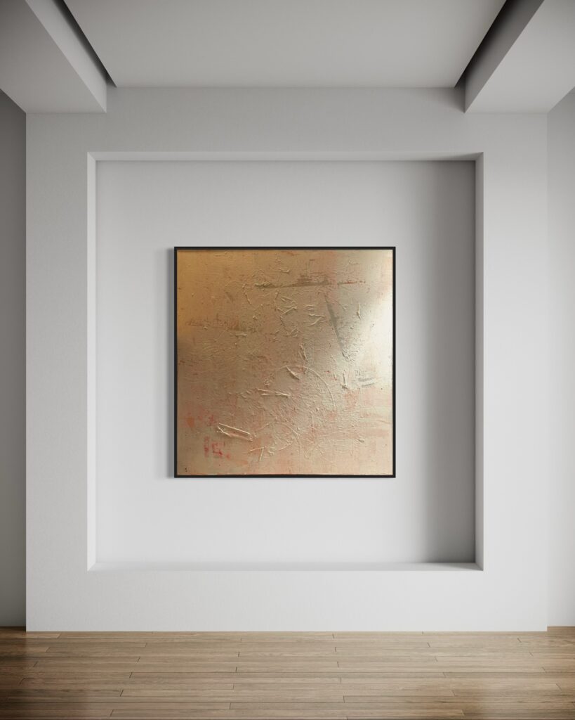 Aurora captures the quiet power of the rising sun—an ephemeral moment where the world shifts from stillness to awakening. This collection of six acrylic works embodies Keatley’s refined approach to abstraction, where texture and tone intersect to create a sense of movement, time, and transformation. Defined by a palette of muted blush, warm ochre, and diffused gold, Aurora captures the luminous hush of dawn. Each composition is layered with Keatley’s signature techniques: Halo Accents, where organic dots emerge like scattered embers of morning light, and the Rainfall Drip Technique, cascading speckled marks that evoke the fleeting nature of sunrise—mist dissolving, warmth unfurling, time slipping forward. At the center of the series is Solace Break, a commanding six-panel composition (48x24 inches per panel) that unfolds like an unbroken horizon. Here, Keatley’s textural interplay creates a rhythmic dialogue between depth and diffusion, evoking the layered experience of witnessing the first light stretch across the earth. The interplay of warmth and restraint in this piece anchors the series, inviting contemplation on impermanence and renewal. Complementing Solace Break, each additional work in the series offers a distinct perspective on light’s transient beauty: Elysian Dawn (48x48 inches) captures the arrival of morning in its purest form, where soft tonal shifts reflect the gentle unfolding of a new day. Vesper Glow (36x48 inches) exists in the threshold between night and morning, where remnants of deep twilight dissolve into the blush of dawn. Brisa (24x24 inches) distills the sensation of a warm breeze at daybreak, carrying with it the quiet hum of new beginnings. Halcyon Rise (24x24 inches) hovers between stillness and transformation, embodying the dreamlike weightlessness of first light. Through restrained yet expressive techniques, Keatley allows texture to dictate form—each surface revealing delicate disruptions, controlled imperfections, and subtle shifts in radiance. The series rejects static representation in favor of movement; light is not simply captured but felt, each piece a reflection of nature’s quiet yet inevitable transitions. Ultimately, Aurora is an invitation to witness and to pause—a recognition that the most fleeting moments are often the most profound. Through soft hues, layered textures, and deliberate mark-making, Keatley explores the act of seeing, the passage of time, and the luminous intersection of past and future that exists in every dawn.