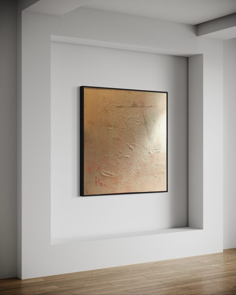 Aurora captures the quiet power of the rising sun—an ephemeral moment where the world shifts from stillness to awakening. This collection of six acrylic works embodies Keatley’s refined approach to abstraction, where texture and tone intersect to create a sense of movement, time, and transformation. Defined by a palette of muted blush, warm ochre, and diffused gold, Aurora captures the luminous hush of dawn. Each composition is layered with Keatley’s signature techniques: Halo Accents, where organic dots emerge like scattered embers of morning light, and the Rainfall Drip Technique, cascading speckled marks that evoke the fleeting nature of sunrise—mist dissolving, warmth unfurling, time slipping forward. At the center of the series is Solace Break, a commanding six-panel composition (48x24 inches per panel) that unfolds like an unbroken horizon. Here, Keatley’s textural interplay creates a rhythmic dialogue between depth and diffusion, evoking the layered experience of witnessing the first light stretch across the earth. The interplay of warmth and restraint in this piece anchors the series, inviting contemplation on impermanence and renewal. Complementing Solace Break, each additional work in the series offers a distinct perspective on light’s transient beauty: Elysian Dawn (48x48 inches) captures the arrival of morning in its purest form, where soft tonal shifts reflect the gentle unfolding of a new day. Vesper Glow (36x48 inches) exists in the threshold between night and morning, where remnants of deep twilight dissolve into the blush of dawn. Brisa (24x24 inches) distills the sensation of a warm breeze at daybreak, carrying with it the quiet hum of new beginnings. Halcyon Rise (24x24 inches) hovers between stillness and transformation, embodying the dreamlike weightlessness of first light. Through restrained yet expressive techniques, Keatley allows texture to dictate form—each surface revealing delicate disruptions, controlled imperfections, and subtle shifts in radiance. The series rejects static representation in favor of movement; light is not simply captured but felt, each piece a reflection of nature’s quiet yet inevitable transitions. Ultimately, Aurora is an invitation to witness and to pause—a recognition that the most fleeting moments are often the most profound. Through soft hues, layered textures, and deliberate mark-making, Keatley explores the act of seeing, the passage of time, and the luminous intersection of past and future that exists in every dawn.