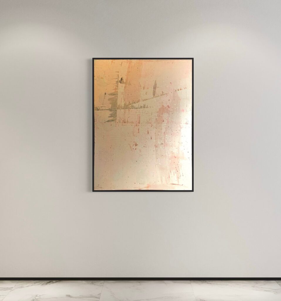 Aurora captures the quiet power of the rising sun—an ephemeral moment where the world shifts from stillness to awakening. This collection of six acrylic works embodies Keatley’s refined approach to abstraction, where texture and tone intersect to create a sense of movement, time, and transformation. Defined by a palette of muted blush, warm ochre, and diffused gold, Aurora captures the luminous hush of dawn. Each composition is layered with Keatley’s signature techniques: Halo Accents, where organic dots emerge like scattered embers of morning light, and the Rainfall Drip Technique, cascading speckled marks that evoke the fleeting nature of sunrise—mist dissolving, warmth unfurling, time slipping forward. At the center of the series is Solace Break, a commanding six-panel composition (48x24 inches per panel) that unfolds like an unbroken horizon. Here, Keatley’s textural interplay creates a rhythmic dialogue between depth and diffusion, evoking the layered experience of witnessing the first light stretch across the earth. The interplay of warmth and restraint in this piece anchors the series, inviting contemplation on impermanence and renewal. Complementing Solace Break, each additional work in the series offers a distinct perspective on light’s transient beauty: Elysian Dawn (48x48 inches) captures the arrival of morning in its purest form, where soft tonal shifts reflect the gentle unfolding of a new day. Vesper Glow (36x48 inches) exists in the threshold between night and morning, where remnants of deep twilight dissolve into the blush of dawn. Brisa (24x24 inches) distills the sensation of a warm breeze at daybreak, carrying with it the quiet hum of new beginnings. Halcyon Rise (24x24 inches) hovers between stillness and transformation, embodying the dreamlike weightlessness of first light. Through restrained yet expressive techniques, Keatley allows texture to dictate form—each surface revealing delicate disruptions, controlled imperfections, and subtle shifts in radiance. The series rejects static representation in favor of movement; light is not simply captured but felt, each piece a reflection of nature’s quiet yet inevitable transitions. Ultimately, Aurora is an invitation to witness and to pause—a recognition that the most fleeting moments are often the most profound. Through soft hues, layered textures, and deliberate mark-making, Keatley explores the act of seeing, the passage of time, and the luminous intersection of past and future that exists in every dawn.