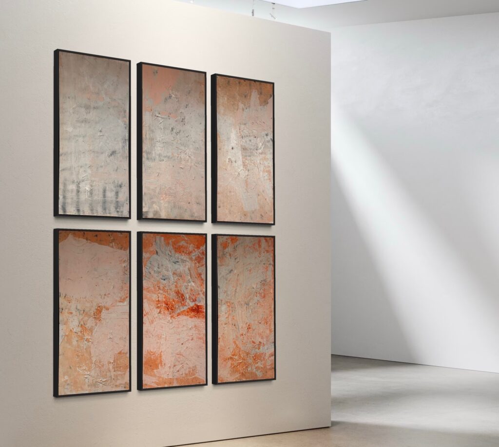 At the center of the series is Solace Break, a commanding six-panel composition (48x24 inches per panel) that unfolds like an unbroken horizon. Here, Keatley’s textural interplay creates a rhythmic dialogue between depth and diffusion, evoking the layered experience of witnessing the first light stretch across the earth. The interplay of warmth and restraint in this piece anchors the series, inviting contemplation on impermanence and renewal.