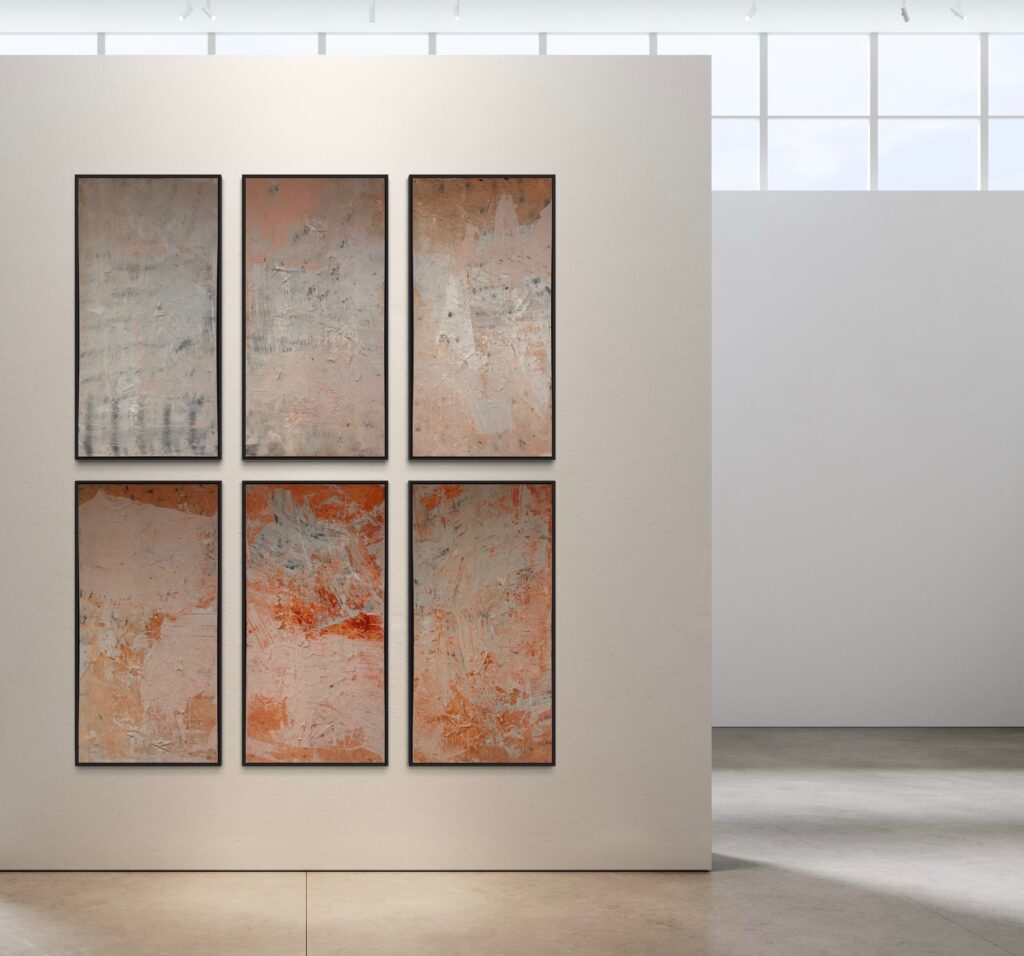 At the center of the series is Solace Break, a commanding six-panel composition (48x24 inches per panel) that unfolds like an unbroken horizon. Here, Keatley’s textural interplay creates a rhythmic dialogue between depth and diffusion, evoking the layered experience of witnessing the first light stretch across the earth. The interplay of warmth and restraint in this piece anchors the series, inviting contemplation on impermanence and renewal.