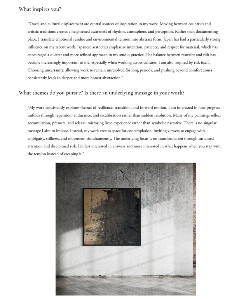 Magazine interview spread featuring contemporary abstract artist Gina Keatley, her artist portrait, paintings, and excerpts discussing her practice rooted in abstraction, travel, material risk, and cultural duality between NYC and Japan.