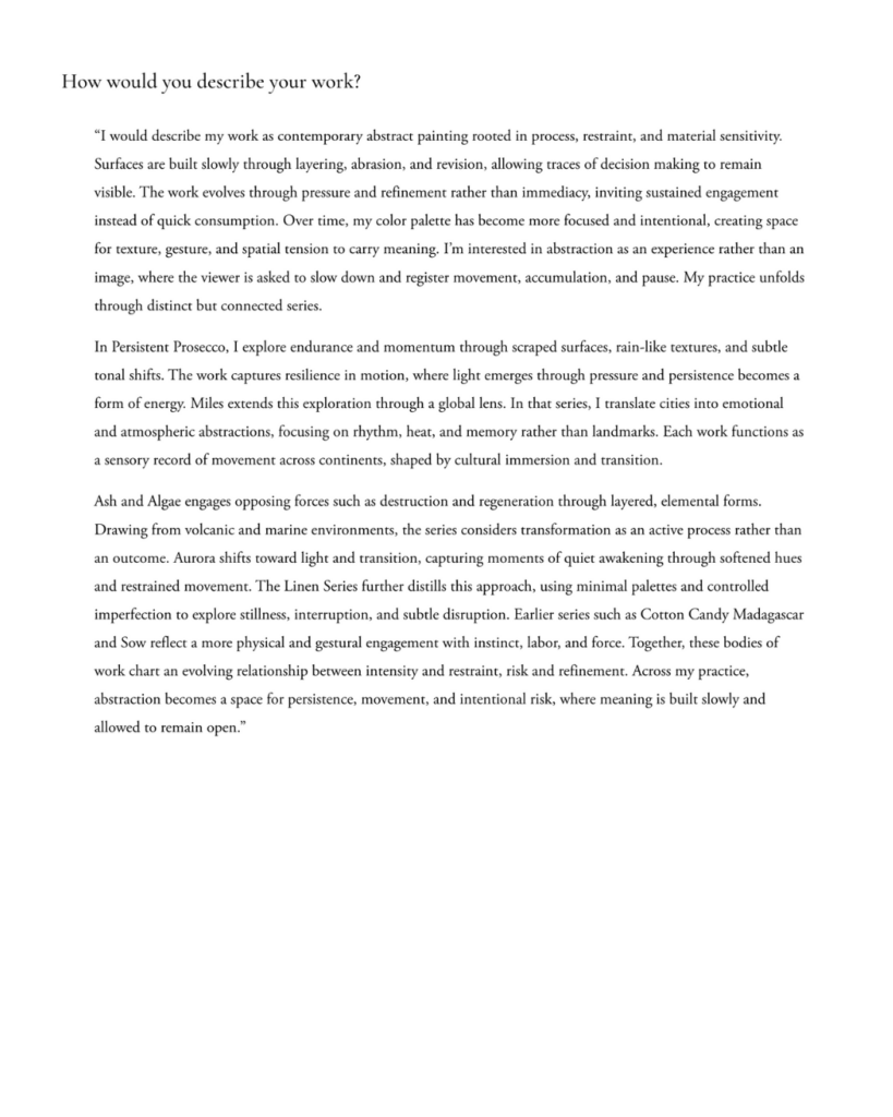 Magazine interview spread featuring contemporary abstract artist Gina Keatley, her artist portrait, paintings, and excerpts discussing her practice rooted in abstraction, travel, material risk, and cultural duality between NYC and Japan.