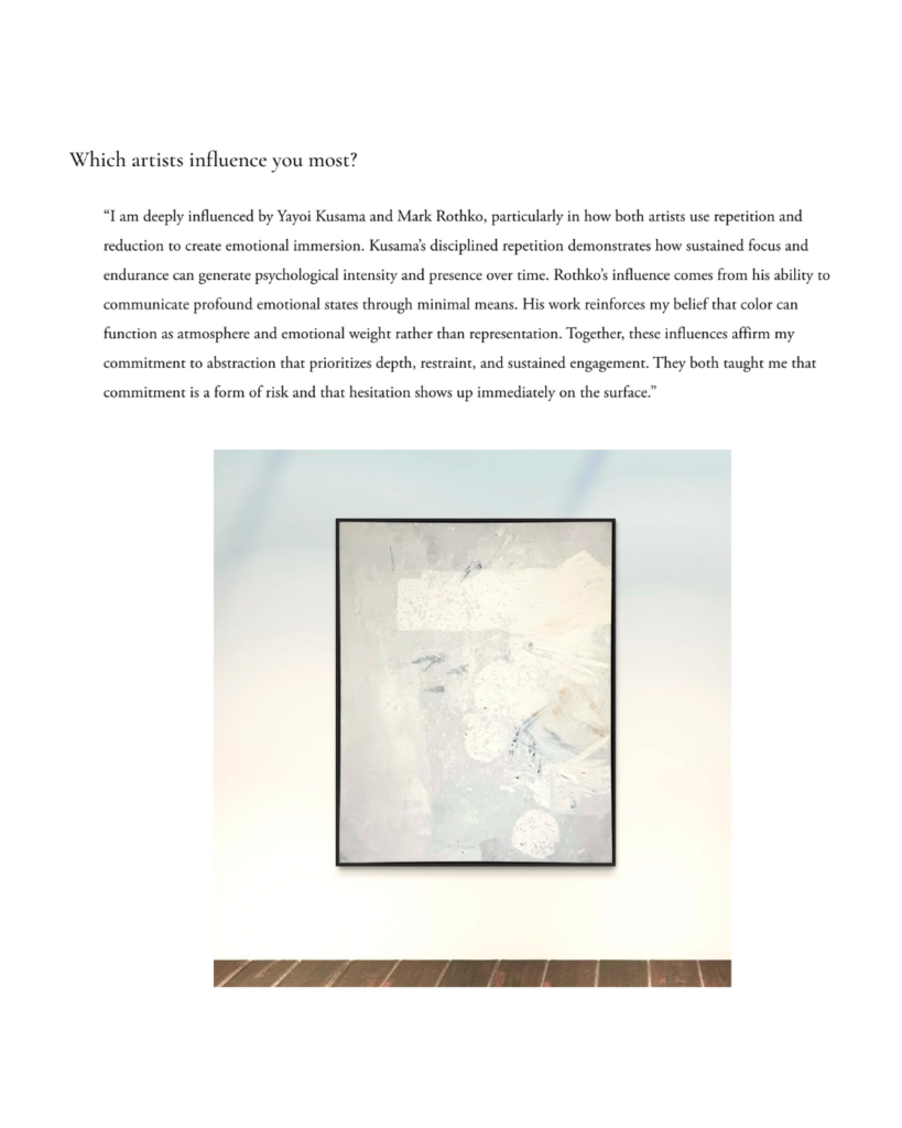 Magazine interview spread featuring contemporary abstract artist Gina Keatley, her artist portrait, paintings, and excerpts discussing her practice rooted in abstraction, travel, material risk, and cultural duality between NYC and Japan.