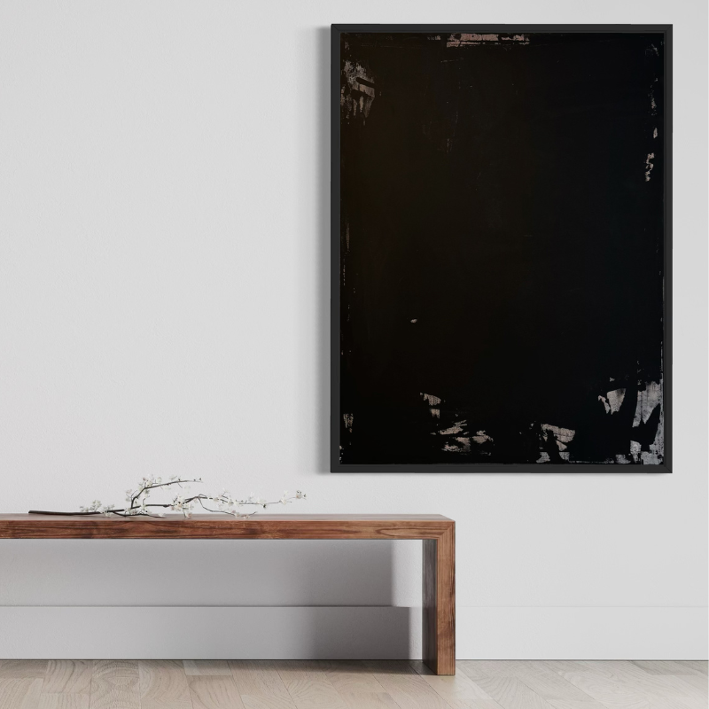 Latitude: Sable Year of Creation: 2025 Medium: Acrylic on Canvas Dimensions: 48 x 36 inches Sale Price: $5,600 USD Edition Type: Unique, 1 of 1 Current Location: Bushwick Gallery, Brooklyn, NY, USA Latitude: Sable explores black as atmosphere rather than absence. A velvety matte field anchors the composition, layered through Gina Keatley’s signature rain technique to create subtle tonal movement across the surface. The black does not flatten; it deepens. Muted bronze warmth diffuses quietly through the upper register, softened rather than fractured. Scraped passages along the lower edge reveal earlier structural layers beneath the darkness, but here the exposure feels restrained—measured and intimate rather than abrupt. The limited palette—saturated black, subdued bronze, and a faint ember undertone—reflects Keatley’s disciplined contemporary abstract painting style. Texture replaces overt gesture. Depth replaces contrast. Within the Latitude series, Sable represents expansion through softness. It speaks to quiet confidence, to interior strength that does not demand attention but commands presence through composure and refinement.