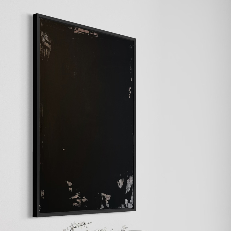 Latitude: Sable Year of Creation: 2025 Medium: Acrylic on Canvas Dimensions: 48 x 36 inches Sale Price: $5,600 USD Edition Type: Unique, 1 of 1 Current Location: Bushwick Gallery, Brooklyn, NY, USA Latitude: Sable explores black as atmosphere rather than absence. A velvety matte field anchors the composition, layered through Gina Keatley’s signature rain technique to create subtle tonal movement across the surface. The black does not flatten; it deepens. Muted bronze warmth diffuses quietly through the upper register, softened rather than fractured. Scraped passages along the lower edge reveal earlier structural layers beneath the darkness, but here the exposure feels restrained—measured and intimate rather than abrupt. The limited palette—saturated black, subdued bronze, and a faint ember undertone—reflects Keatley’s disciplined contemporary abstract painting style. Texture replaces overt gesture. Depth replaces contrast. Within the Latitude series, Sable represents expansion through softness. It speaks to quiet confidence, to interior strength that does not demand attention but commands presence through composure and refinement.