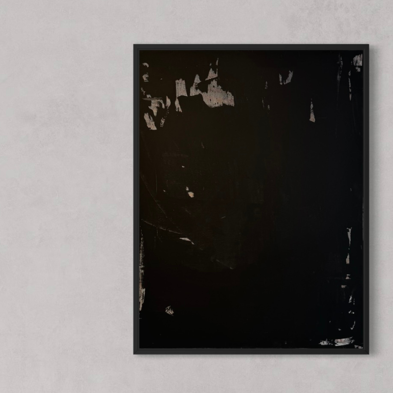 Latitude: Arc Year of Creation: 2025 Medium: Acrylic on Canvas Dimensions: 48 x 36 inches Sale Price: $5,600 USD Edition Type: Unique, 1 of 1 Current Location: Bushwick Gallery, Brooklyn, NY, USA Latitude: Arc captures motion held within restraint. A saturated matte black field anchors the composition, layered through Gina Keatley’s signature rain technique to create subtle tonal variation across the surface. Beneath the density, a sweeping curvature emerges—suggesting contained movement and directional force. Scraped passages along the upper register reveal muted bronze undertones and earlier structural layers, introducing light without disrupting the work’s composure. The surface feels deliberate yet alive, balancing control with underlying momentum. The limited palette—black, subdued bronze, and restrained ember warmth—reinforces Keatley’s disciplined contemporary abstract painting style. Texture and process replace overt gesture, allowing energy to exist beneath the surface rather than on it. Within the Latitude series, Arc represents culmination. Expansion is no longer exploratory; it is assured. The work speaks to growth that bends but does not break, extending outward while remaining grounded in depth.