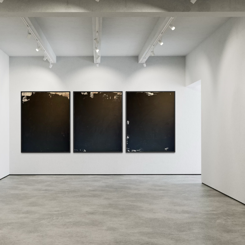 Latitude: Oku Year of Creation: 2025 Medium: Acrylic on Canvas Dimensions: Three panels, each 48 x 60 inches Sale Price: $26,000 USD Edition Type: Unique, 1 of 1 Current Location: Bushwick Gallery, Brooklyn, NY, USA (Triptych) Latitude: Oku unfolds across three monumental black fields interrupted by a restrained band of burnished bronze at the upper edge. The composition is grounded in saturated black—dense, matte, and absorbing—establishing a powerful visual stillness. Rather than operating as void, the black becomes dimensional, layered through Gina Keatley’s signature rain technique and controlled scraping. Fine droplets settle into the surface, creating subtle shifts in sheen and depth. Scraped passages along the top edge reveal earlier layers beneath, exposing structural decisions and reinforcing Keatley’s process-driven contemporary abstract painting practice. These fractures introduce calibrated light without disturbing the painting’s composure. The upper bronze register carries a muted warmth—almost metallic in tone—suggesting distant illumination against the otherwise restrained field. A faint ember of orange moves quietly within this warmth, functioning not as accent but as internal energy. Oku, meaning interior depth, aligns with the work’s structural philosophy. The painting does not expand outward through gesture; it expands inward through density. The longer one looks, the more space emerges. The triptych format extends this horizon laterally, reinforcing a sense of scale that is both architectural and atmospheric. In Latitude: Oku, Gina Keatley refines her abstract language: limited palette, rain-textured surfaces, structural scraping, and disciplined restraint. The result is a contemporary black abstract painting that speaks to expansion through depth, persistence through process, and the quiet act of becoming larger than one’s perceived boundaries.