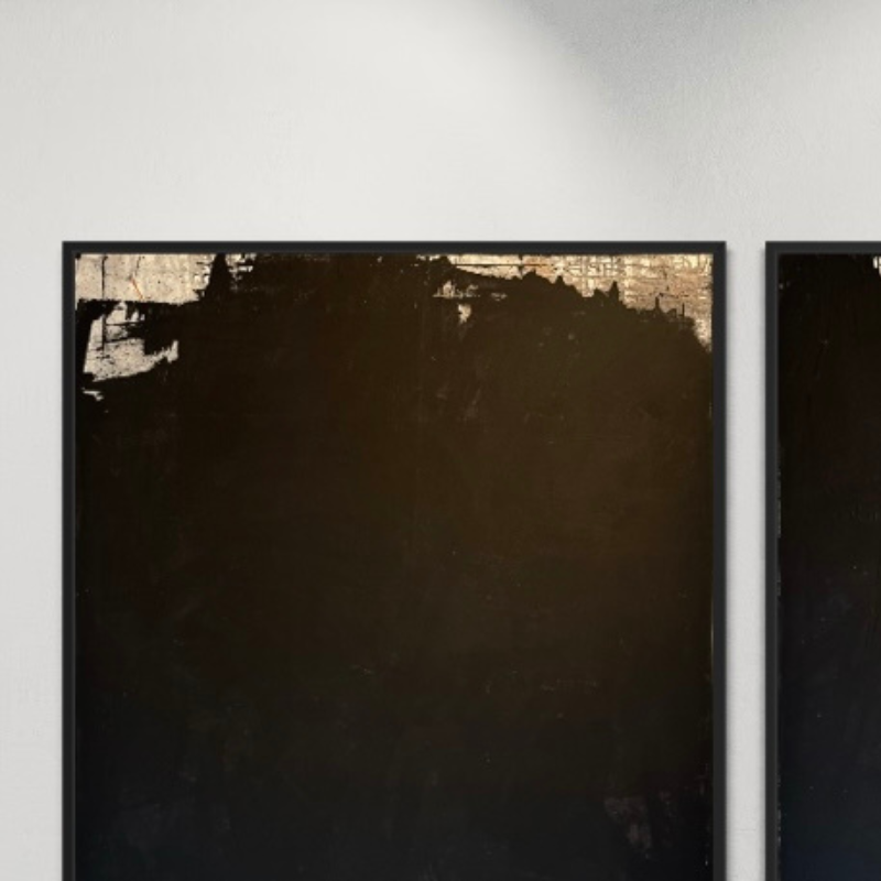 Latitude: Oku Year of Creation: 2025 Medium: Acrylic on Canvas Dimensions: Three panels, each 48 x 60 inches Sale Price: $26,000 USD Edition Type: Unique, 1 of 1 Current Location: Bushwick Gallery, Brooklyn, NY, USA (Triptych) Latitude: Oku unfolds across three monumental black fields interrupted by a restrained band of burnished bronze at the upper edge. The composition is grounded in saturated black—dense, matte, and absorbing—establishing a powerful visual stillness. Rather than operating as void, the black becomes dimensional, layered through Gina Keatley’s signature rain technique and controlled scraping. Fine droplets settle into the surface, creating subtle shifts in sheen and depth. Scraped passages along the top edge reveal earlier layers beneath, exposing structural decisions and reinforcing Keatley’s process-driven contemporary abstract painting practice. These fractures introduce calibrated light without disturbing the painting’s composure. The upper bronze register carries a muted warmth—almost metallic in tone—suggesting distant illumination against the otherwise restrained field. A faint ember of orange moves quietly within this warmth, functioning not as accent but as internal energy. Oku, meaning interior depth, aligns with the work’s structural philosophy. The painting does not expand outward through gesture; it expands inward through density. The longer one looks, the more space emerges. The triptych format extends this horizon laterally, reinforcing a sense of scale that is both architectural and atmospheric. In Latitude: Oku, Gina Keatley refines her abstract language: limited palette, rain-textured surfaces, structural scraping, and disciplined restraint. The result is a contemporary black abstract painting that speaks to expansion through depth, persistence through process, and the quiet act of becoming larger than one’s perceived boundaries.