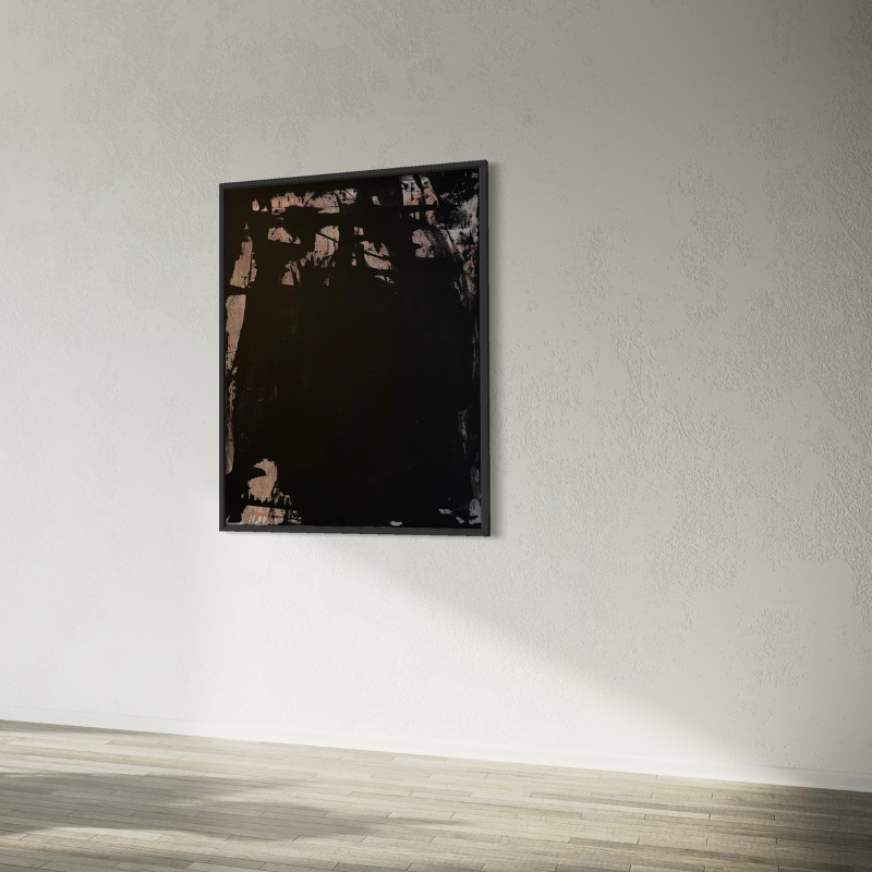 Latitude: Glint Year of Creation: 2025 Medium: Acrylic on Canvas Dimensions: 48 x 36 inches Sale Price: $5,600 USD Edition Type: Unique, 1 of 1 Current Location: Bushwick Gallery, Brooklyn, NY, USA Latitude: Glint captures a moment of ignition within restraint. A saturated black field anchors the composition while scraped passages of burnished bronze fracture the surface, catching light in unexpected flashes. Gina Keatley’s signature rain technique softens the density of the matte black, creating subtle tonal variation and depth. The exposed bronze fragments feel spontaneous yet controlled—evidence of movement beneath the surface. A faint ember warmth threads quietly through the composition, reinforcing her disciplined, minimal palette. This contemporary abstract painting speaks to expansion through energy rather than scale. The darkness does not close in; it holds space for light to appear. Glint reflects Keatley’s evolving abstract style—process-driven, textured, and grounded in the tension between control and release. Within the Latitude series, this work represents the spark that accompanies growth—the moment when depth becomes dynamic.