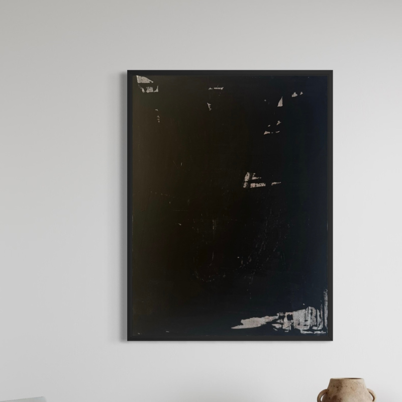 Latitude: Ink Year of Creation: 2025 Medium: Acrylic on Canvas Dimensions: 48 x 36 inches Sale Price: $5,600 USD Edition Type: Unique, 1 of 1 Current Location: Bushwick Gallery, Brooklyn, NY, USA Latitude: Ink centers on the authority of black as both substance and atmosphere. A saturated matte field dominates the canvas, layered through Gina Keatley’s signature rain technique and controlled scraping. The surface absorbs light while subtle tonal shifts emerge through sustained looking. Scraped passages expose muted bronze undertones along the upper and lower edges, revealing earlier structural decisions embedded within the composition. These interruptions do not disrupt the black; they deepen it. The limited palette heightens contrast between density and exposure, reinforcing Keatley’s disciplined contemporary abstract painting style. Ink speaks to expansion through restraint. The black field becomes dimensional rather than flat, interior rather than void. Texture replaces gesture. Depth replaces spectacle. Within the Latitude series, Ink represents grounded presence—the moment when growth is not visible in scale, but in concentration.